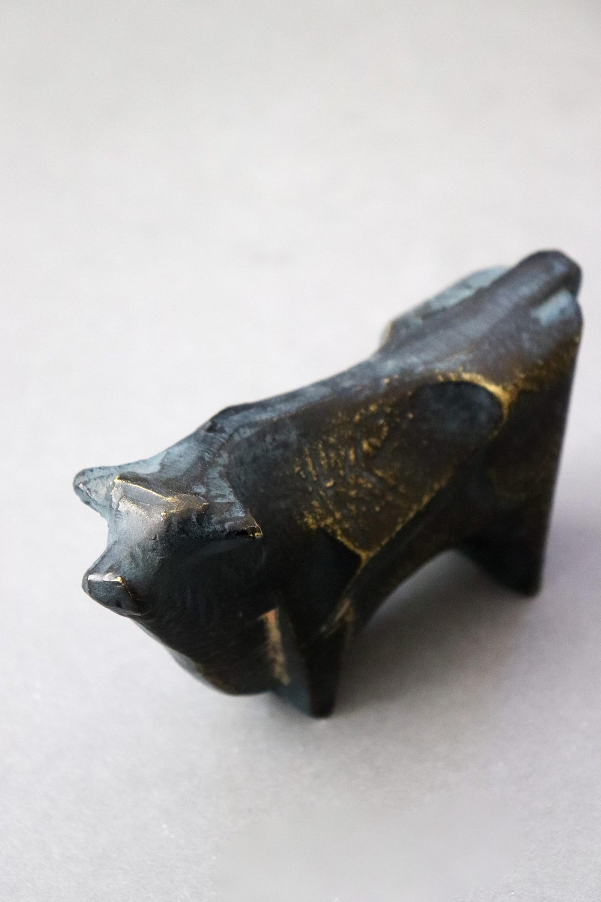 Vintage Sotaro Saegusa Bronze Ox Sculpture, Japanese Zodiac Cow Figurine, Modernist Metal Art Object, Original Box