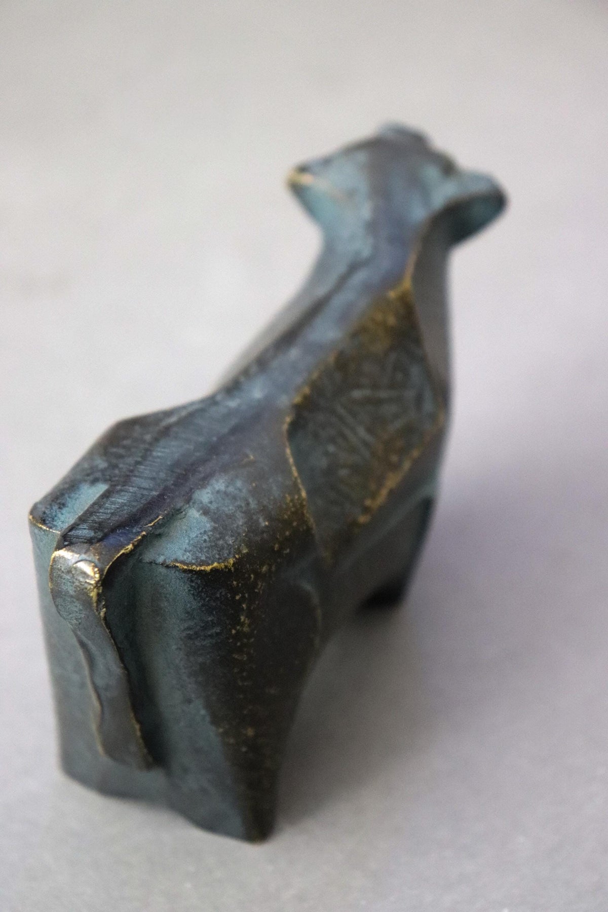 Vintage Sotaro Saegusa Bronze Ox Sculpture, Japanese Zodiac Cow Figurine, Modernist Metal Art Object, Original Box