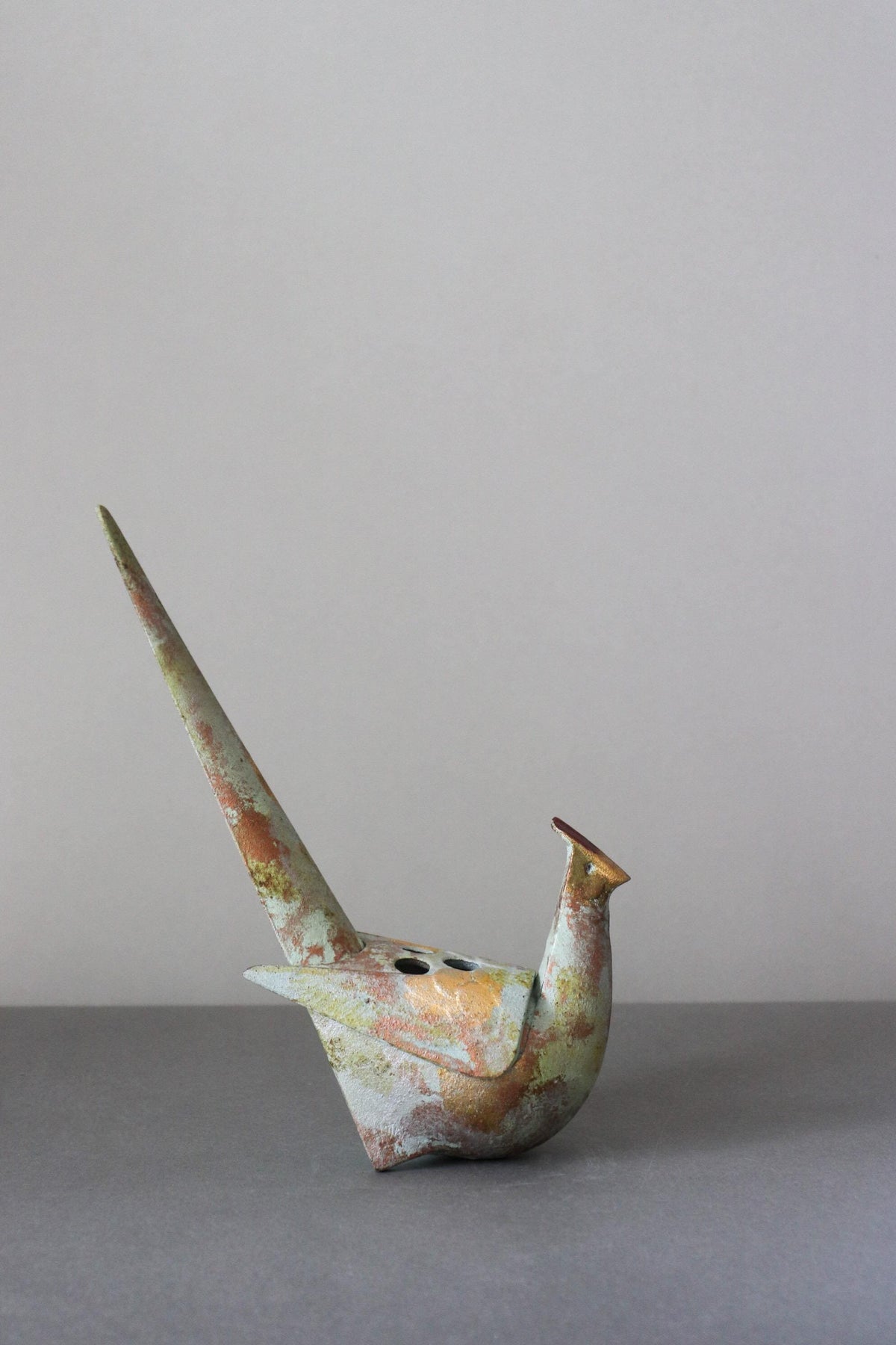 Vintage Sotaro Saegusa Japanese Cast Iron Pheasant Incense Burner, Sculptural Bird Koro, Takaoka Metal Art