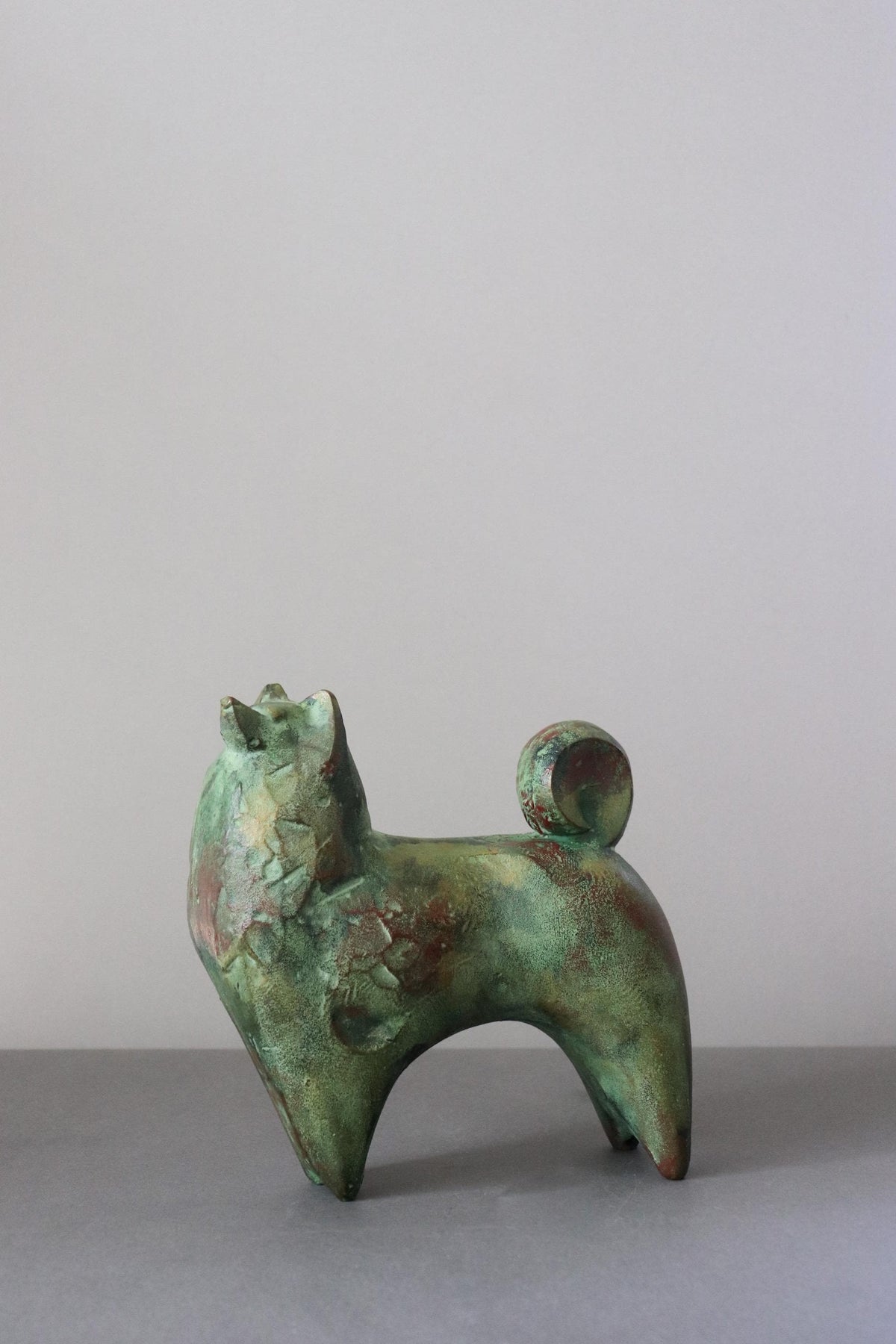 Vintage Sotaro Saegusa Japanese Cast Iron Dog Sculpture, Verdigris Patina, Modernist Zodiac Art Object, Original Box