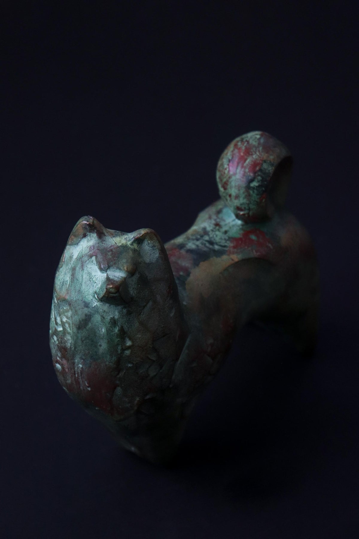 Vintage Sotaro Saegusa Japanese Cast Iron Dog Sculpture, Verdigris Patina, Modernist Zodiac Art Object, Original Box