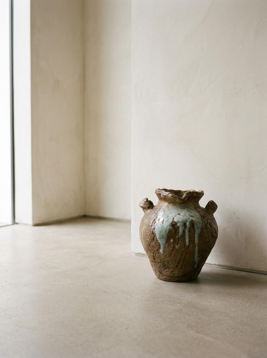 Vintage Japanese Rustic Ceramic Vase, Large Sculptural Pottery Vessel, Pale Blue White Glaze, Wabi Sabi Decor