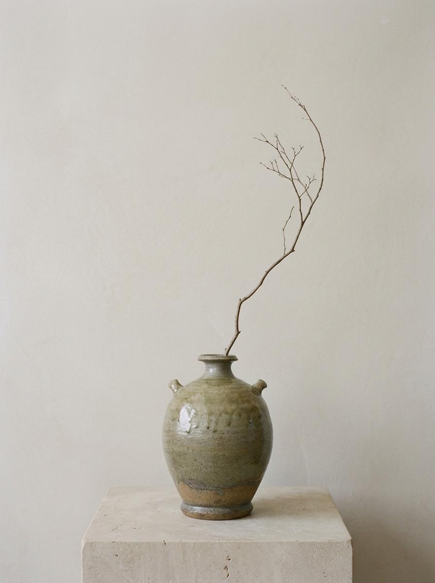 Japanese Vintage Ceramic Vase, Double Handle Pottery Vessel, Rustic Glazed Flower Vase, Wabi Sabi Decor