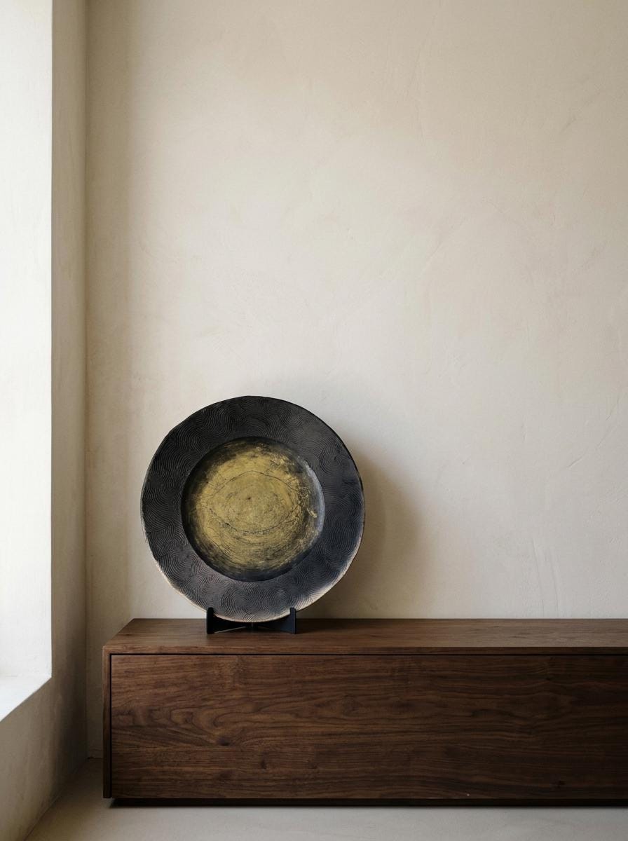 Vintage Jinnai Sakata Japanese Ceramic Art Plate, Gold Crab Motif, Black Mashiko Pottery, Large Decorative Wall Plate