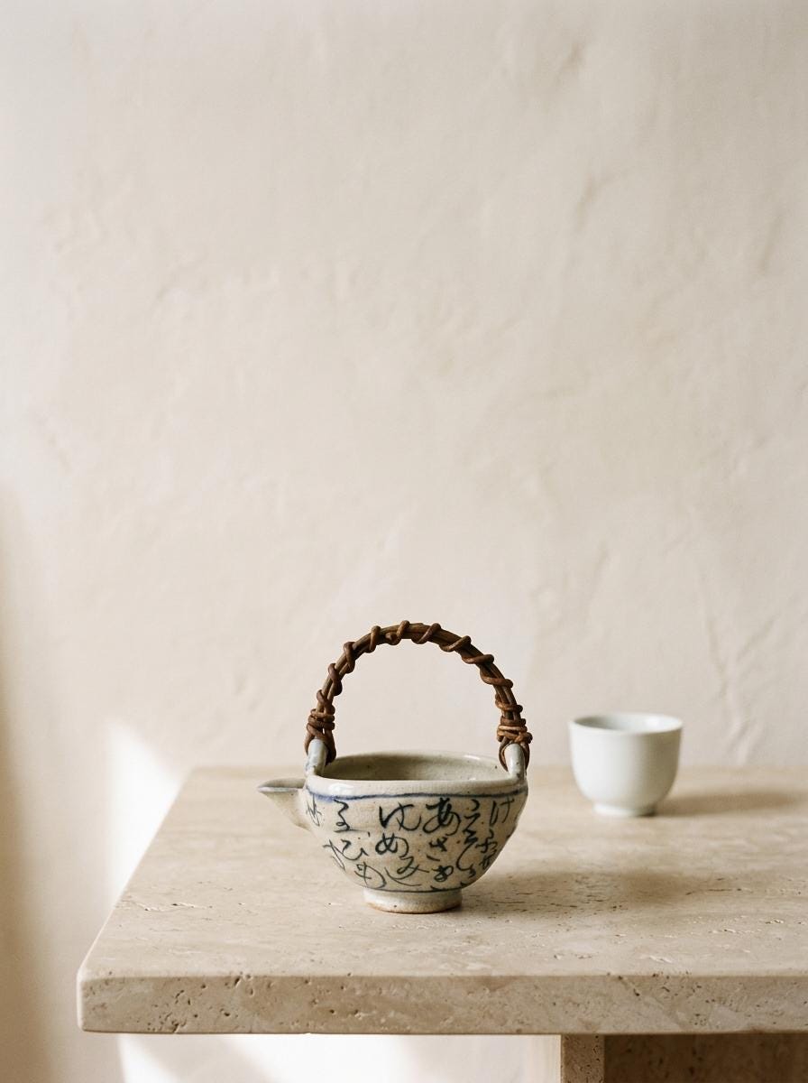 Japanese Katakuchi Pouring Bowl, Blue and White Calligraphy Pottery, Woven Handle, Mingei Style Ceramic