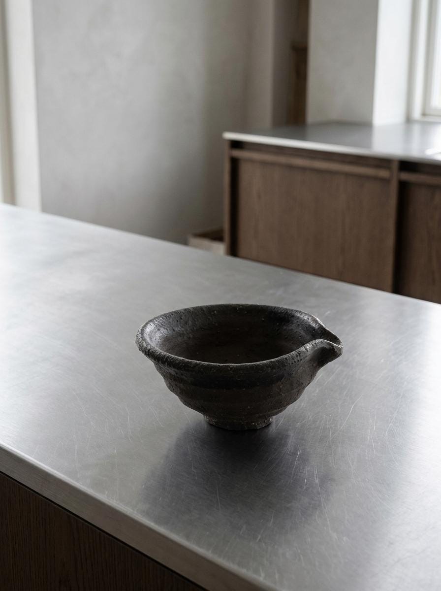 Vintage Jinnai Sakata Mashiko Katakuchi Bowl, Japanese Black Stoneware Pouring Bowl, Rustic Ceramic Art
