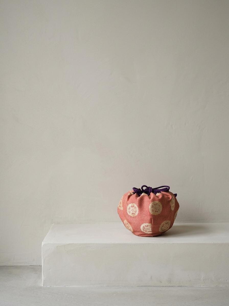 Vintage Japanese Silk Shifuku Pouch, Pink Round Pattern Tea Bowl Bag, Traditional Tea Ceremony Textile, Drawstring Cover