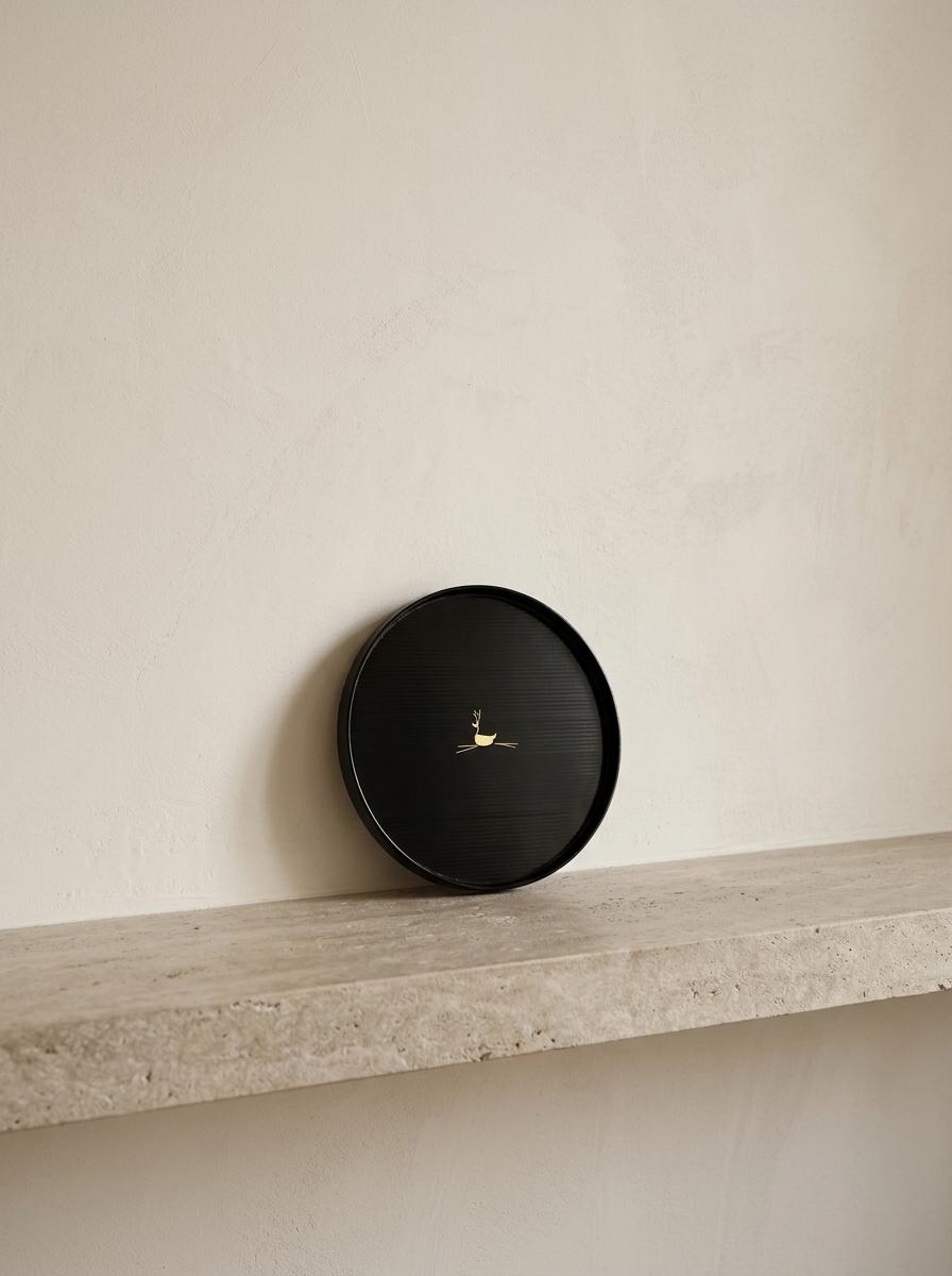 Vintage Zohiko Kyoto Japanese Lacquer Tray, Black Round Serving Tray 22cm, Gold Deer Motif, Japanese Lacquerware