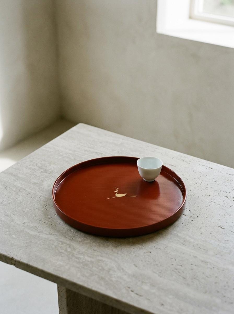 Vintage Zohiko Kyoto Japanese Lacquer Tray, 21cm Red Urushi Round Serving Tray, Gold Deer Motif, Unused