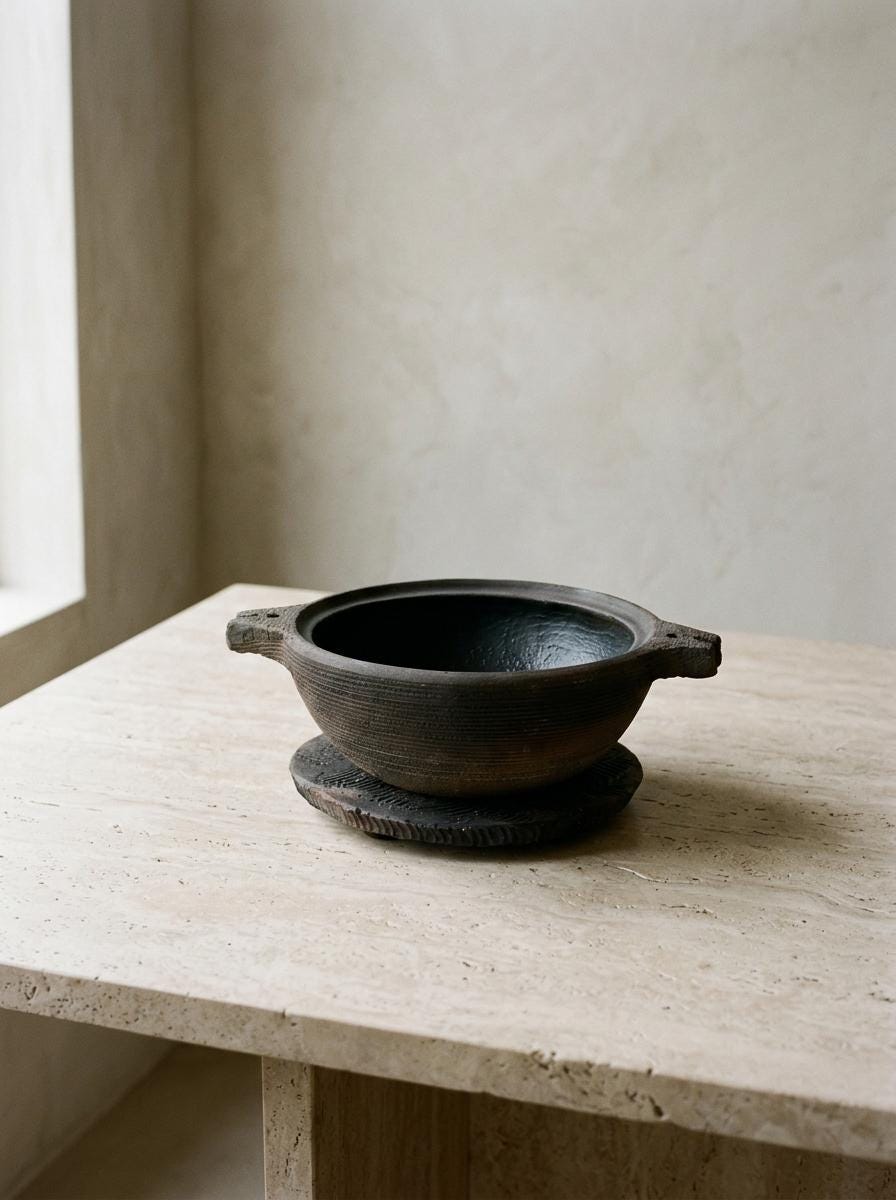 Vintage Jinnai Sakata Japanese Black Ceramic Pot with Trivet, Large Double Handle Mashiko Pottery, Sculptural Stoneware