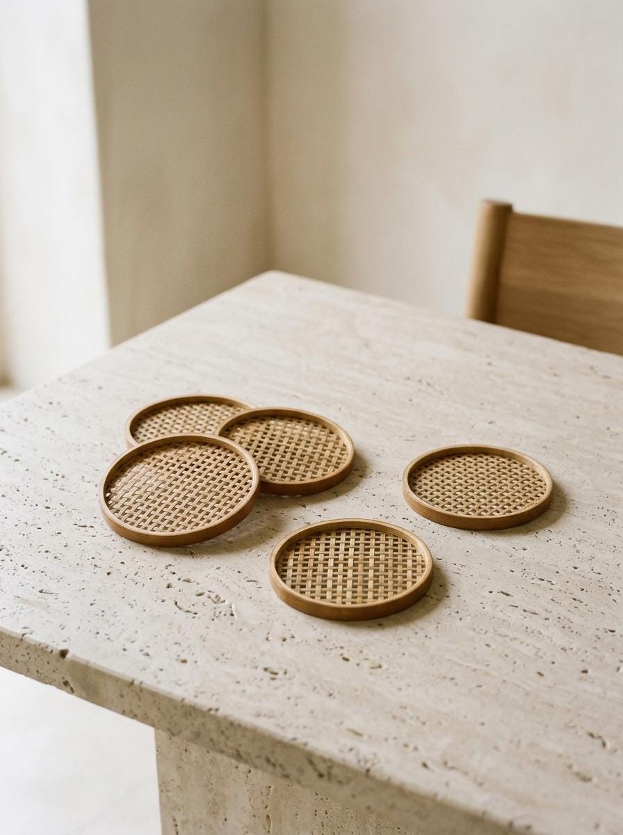 Vintage Japanese Bamboo Coasters Set of 5, Handwoven Style Bamboo Tea Coasters, Small Round Japanese Tea Accessories
