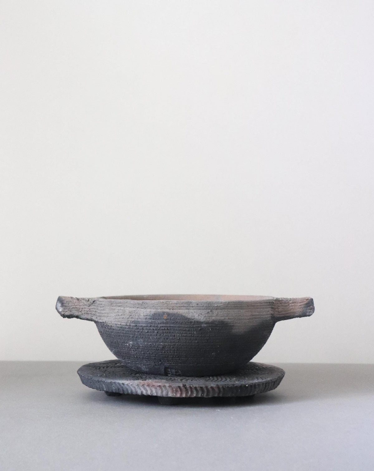 Vintage Jinnai Sakata Japanese Black Ceramic Mini Pot with Trivet, Mashiko Pottery, Double Handle Sculptural Cookware
