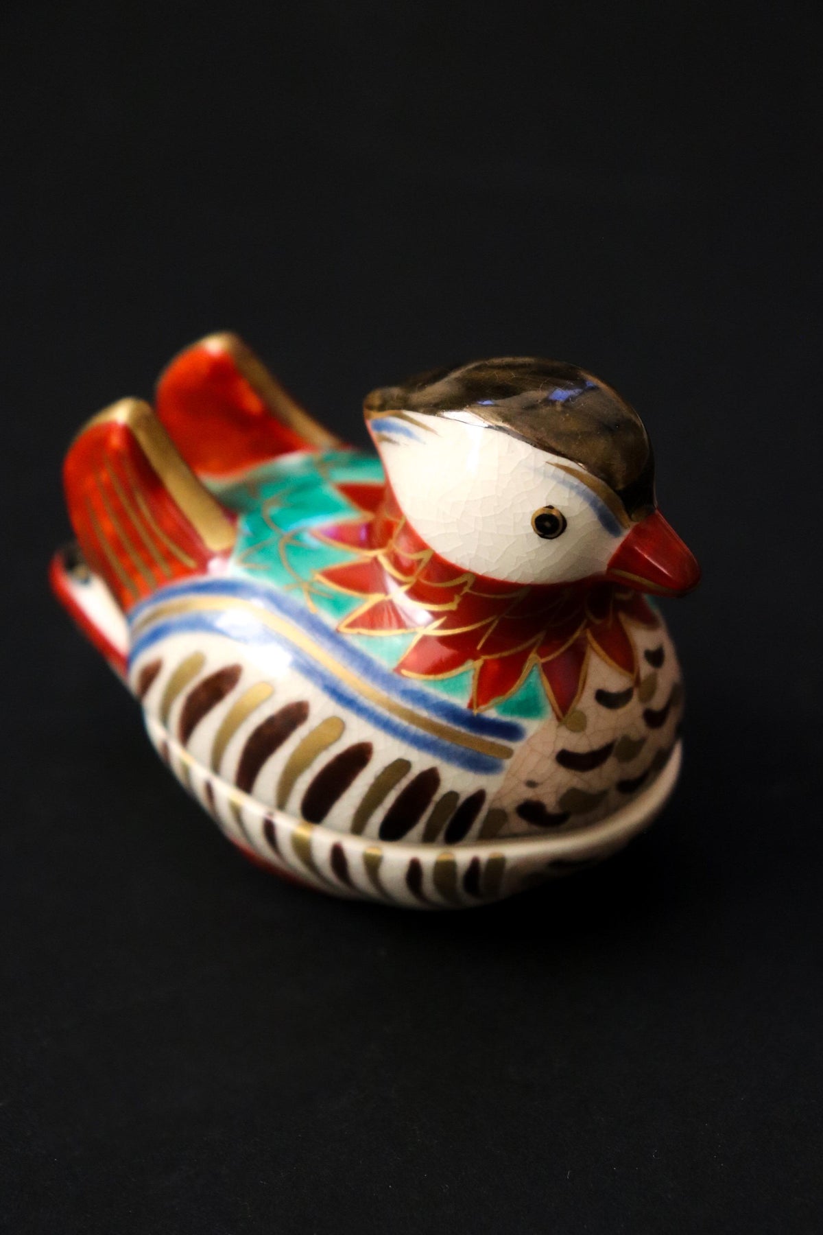 Japanese Mandarin Duck Kogo Incense Box, Omuro Kiln Style, Colorful Ceramic Bird Sculpture, Tea Ceremony Art