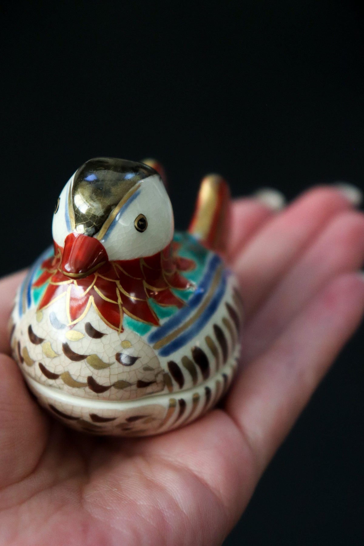 Japanese Mandarin Duck Kogo Incense Box, Omuro Kiln Style, Colorful Ceramic Bird Sculpture, Tea Ceremony Art