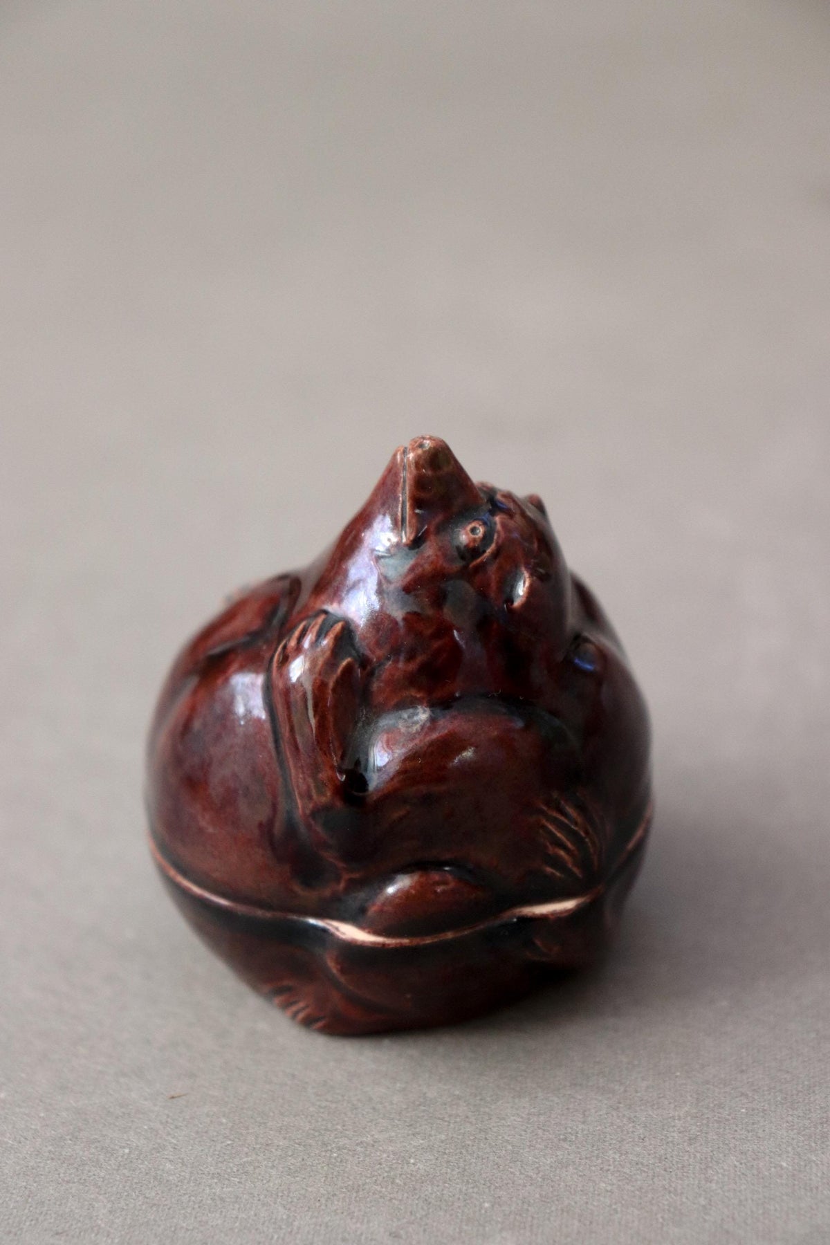 Vintage Japanese Tanuki Incense Container, Signed Kazen Ceramic Kogo, Raccoon Dog Sculpture, Tea Ceremony Art with Wooden Box