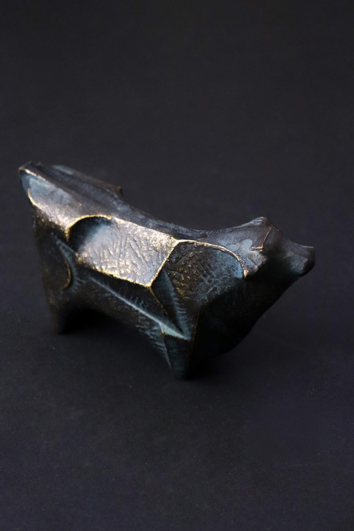 Vintage Sotaro Saegusa Bronze Ox Sculpture, Japanese Zodiac Cow Figurine, Modernist Metal Art Object, Original Box