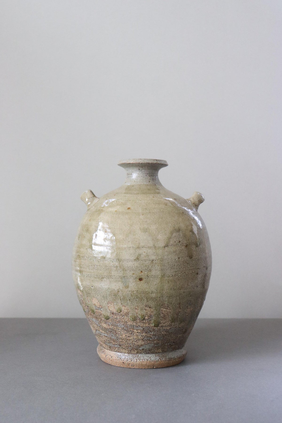 Japanese Vintage Ceramic Vase, Double Handle Pottery Vessel, Rustic Glazed Flower Vase, Wabi Sabi Decor
