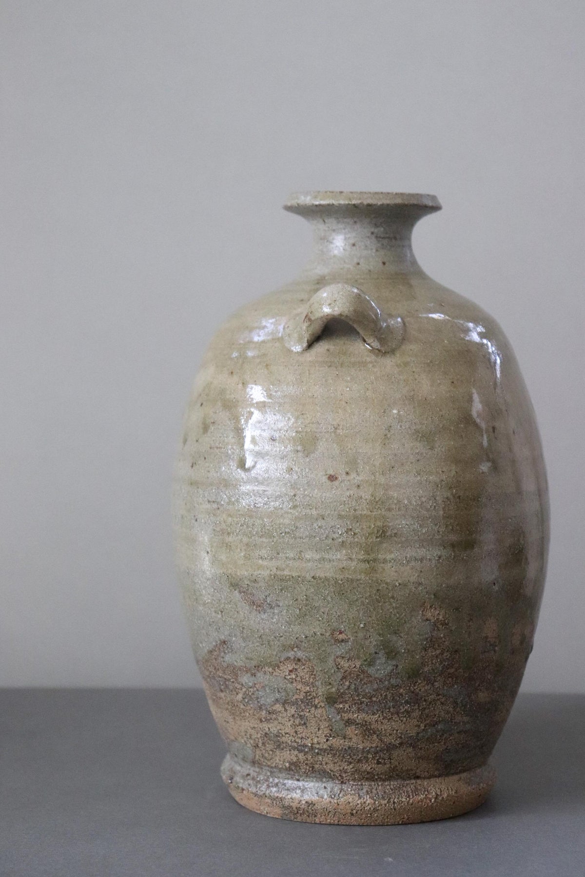 Japanese Vintage Ceramic Vase, Double Handle Pottery Vessel, Rustic Glazed Flower Vase, Wabi Sabi Decor