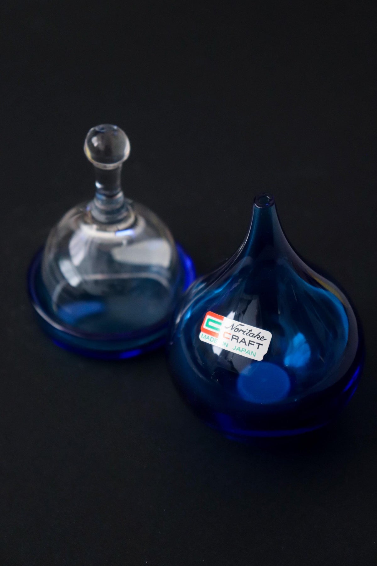 Vintage Noritake Craft Glass Condiment Containers Set of 2, Cobalt Blue and Clear Japanese Glassware, Made in Japan