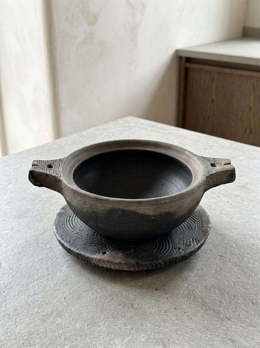 Vintage Jinnai Sakata Japanese Black Ceramic Mini Pot with Trivet, Mashiko Pottery, Double Handle Sculptural Cookware