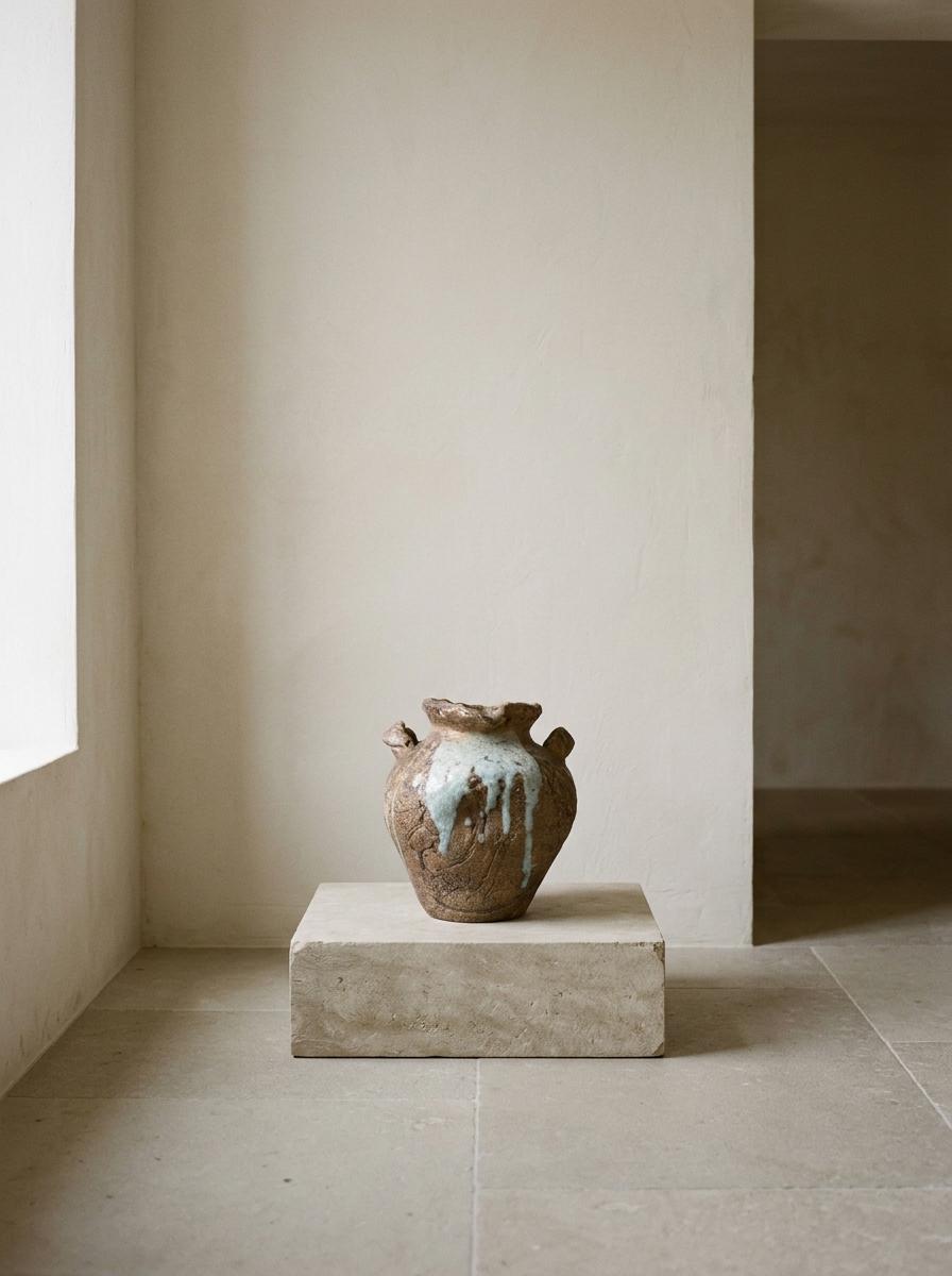 Vintage Japanese Rustic Ceramic Vase, Large Sculptural Pottery Vessel, Pale Blue White Glaze, Wabi Sabi Decor