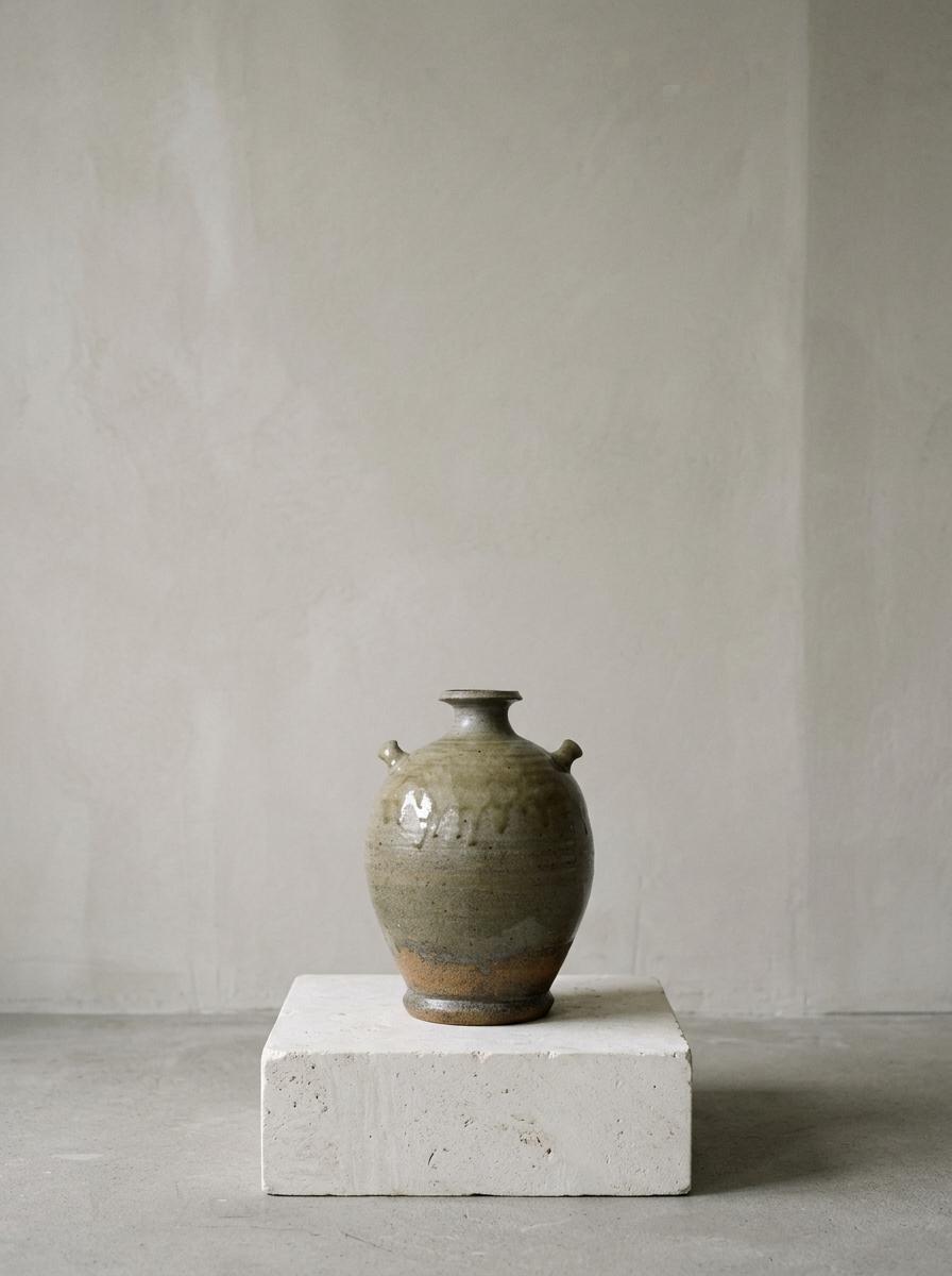Japanese Vintage Ceramic Vase, Double Handle Pottery Vessel, Rustic Glazed Flower Vase, Wabi Sabi Decor