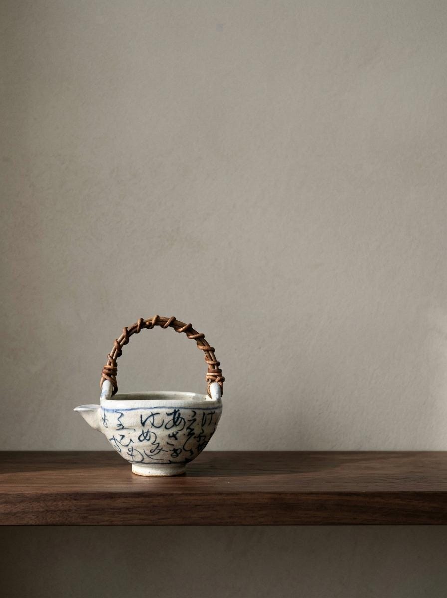Japanese Katakuchi Pouring Bowl, Blue and White Calligraphy Pottery, Woven Handle, Mingei Style Ceramic
