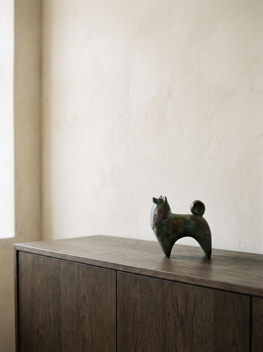 Vintage Sotaro Saegusa Japanese Cast Iron Dog Sculpture, Verdigris Patina, Modernist Zodiac Art Object, Original Box