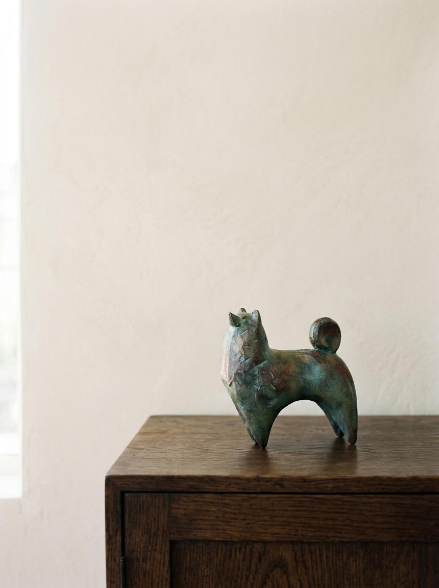 Vintage Sotaro Saegusa Japanese Cast Iron Dog Sculpture, Verdigris Patina, Modernist Zodiac Art Object, Original Box
