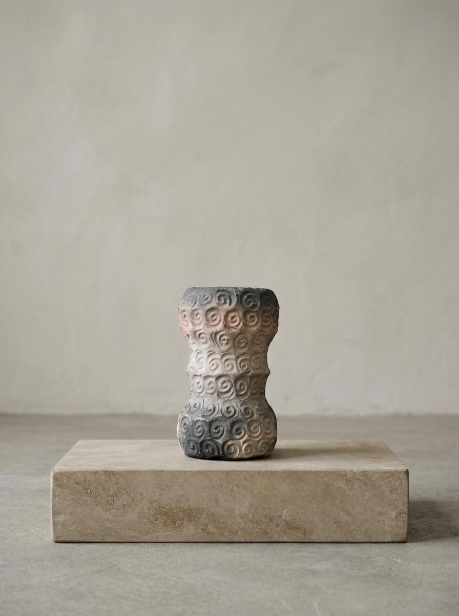 Vintage Jinnai Sakata Japanese Ceramic Sculpture, Mashiko Pottery Object, Spiral Pattern, Wabi Sabi Art
