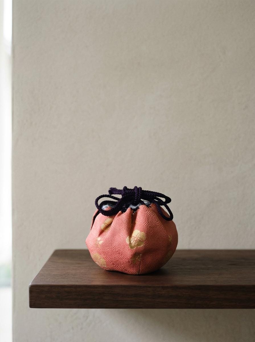 Vintage Japanese Silk Shifuku Pouch, Coral Pink Tea Ceremony Drawstring Bag, Traditional Japanese Textile Art
