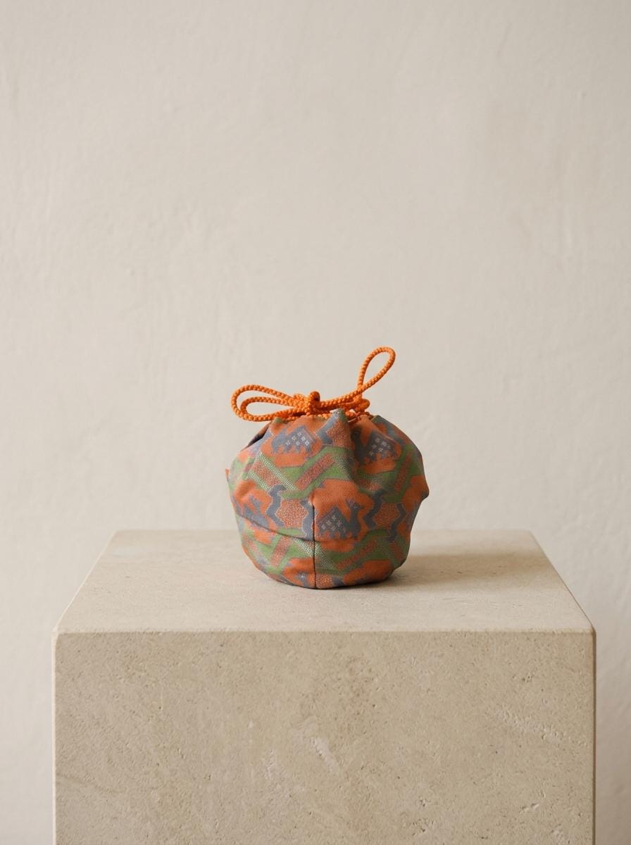 Japanese Shifuku Silk Style Drawstring Pouch, Geometric Pattern Tea Ceremony Bag, Vintage Textile Art Object